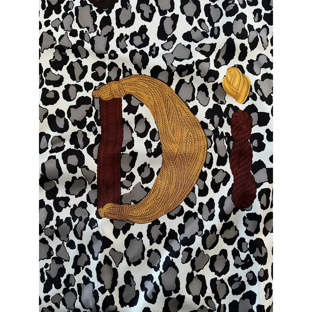 CHRISTIAN DIOR Leopard Silk Twill Scarf Spell Out Rope Knot Cord Gray Brown Gold